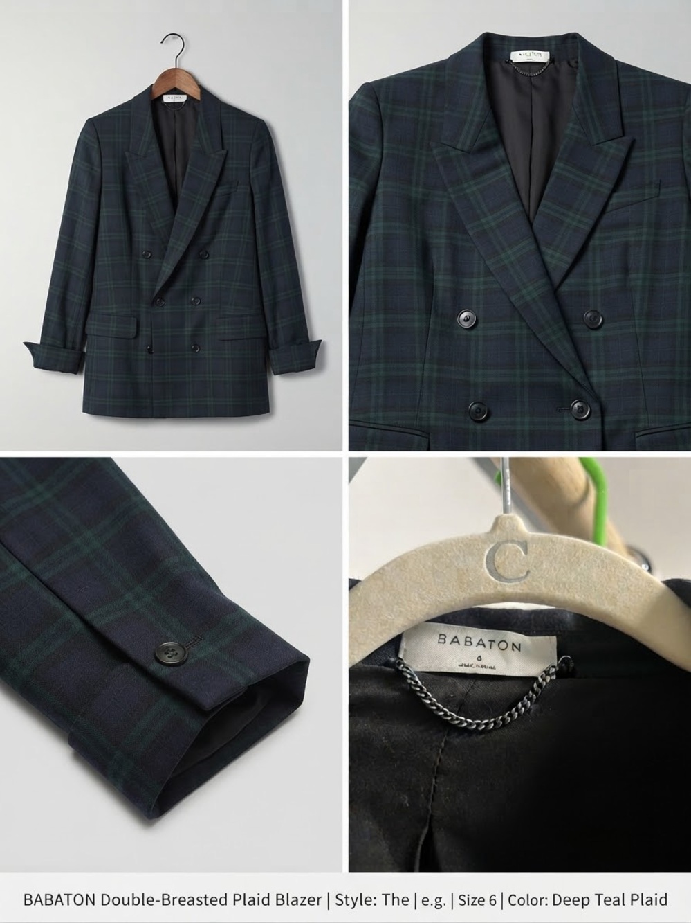 Babaton Navy and Deep Teal Plaid Double-Breasted Blazer